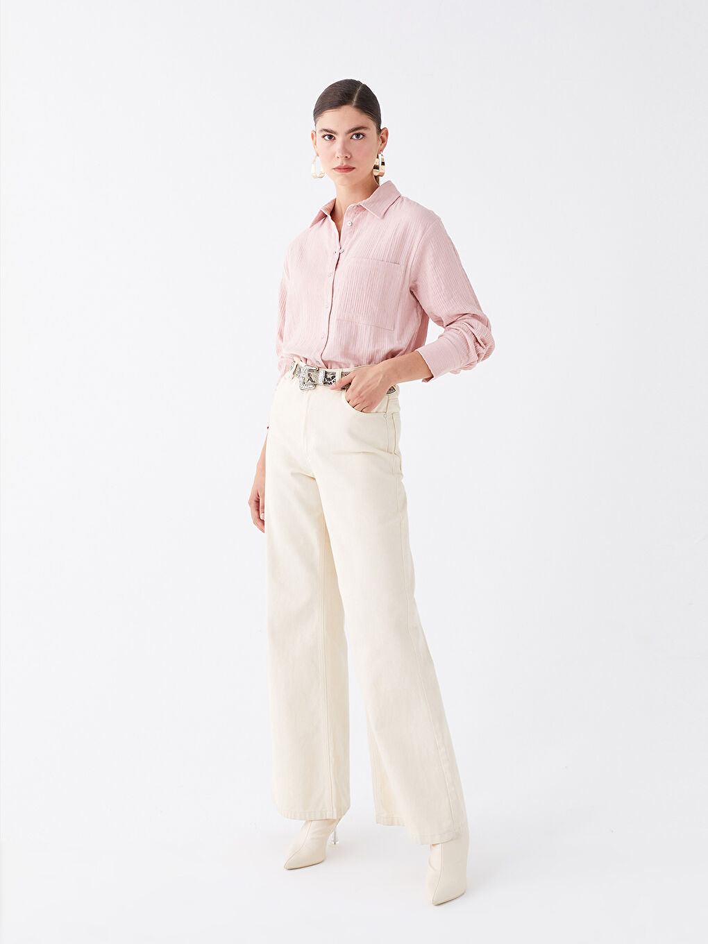 Pembe Düz Uzun Kollu Müslin Kadın Gömlek-2