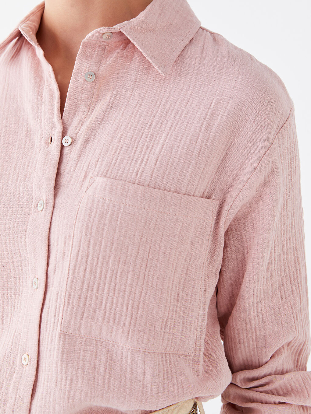 Pembe Düz Uzun Kollu Müslin Kadın Gömlek-3