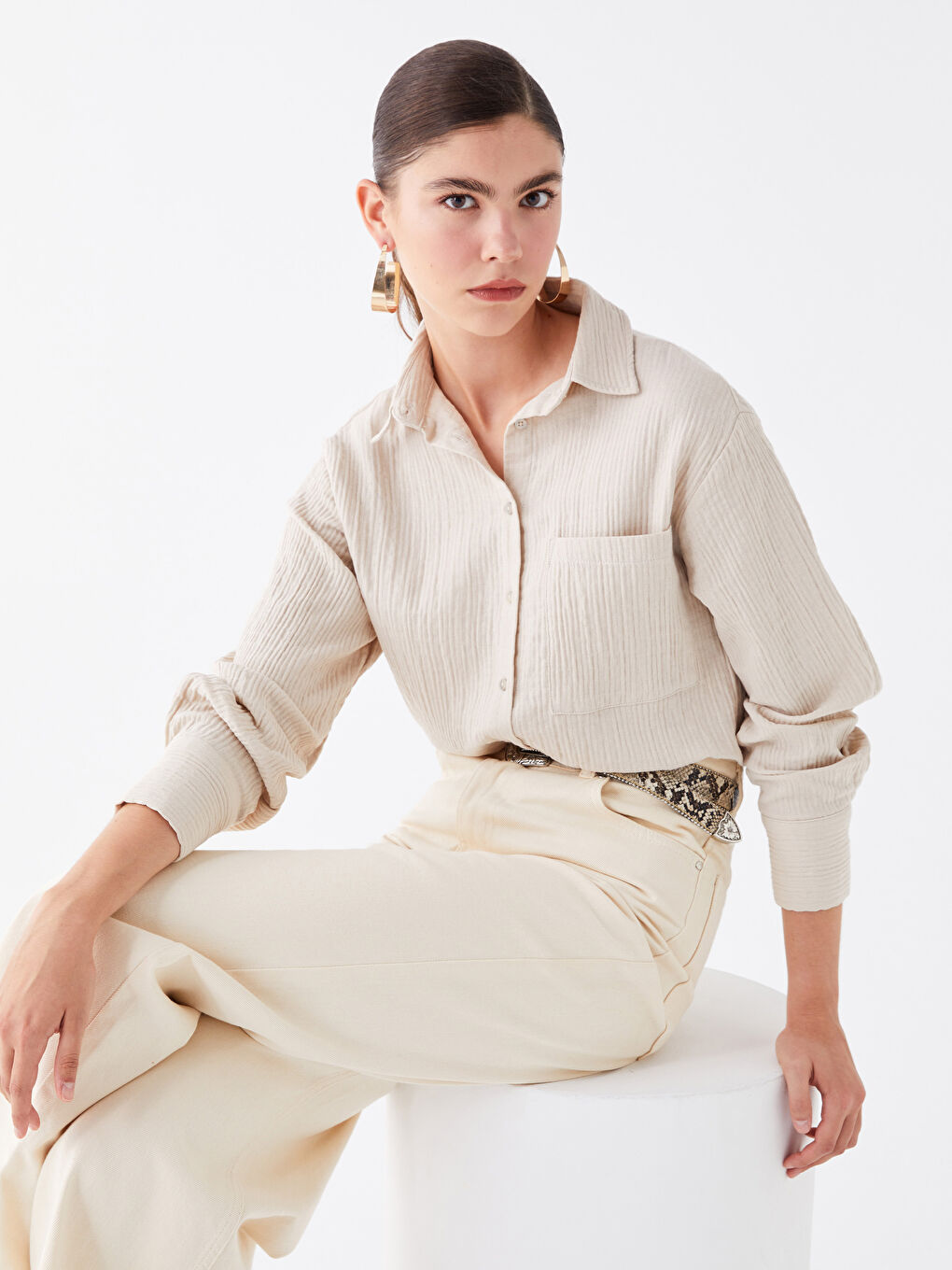 Plain Long Sleeve Muslin Women's Shirt -S4CM22Z8-VBR