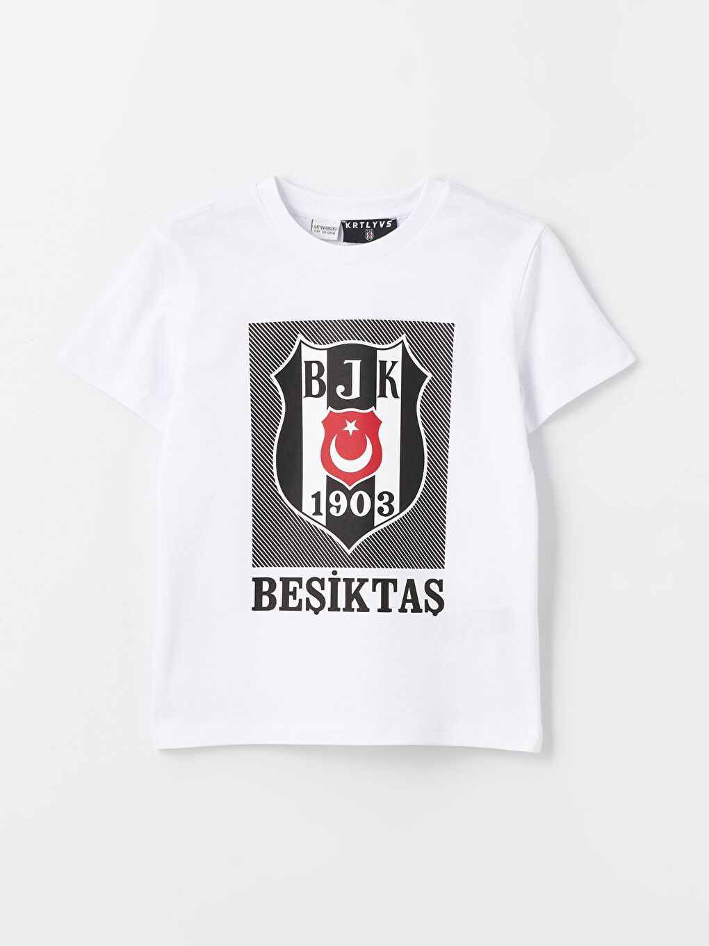 Beyaz Bisiklet Yaka Beşiktaş Baskılı Kısa Kollu Erkek Çocuk Tişört