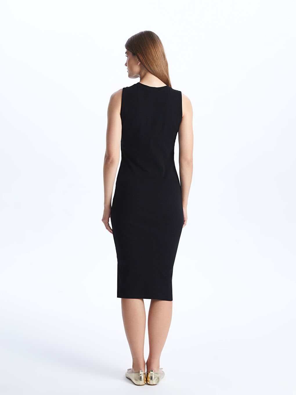 Siyah Kadın Bisiklet Yaka Düz Elbise-3