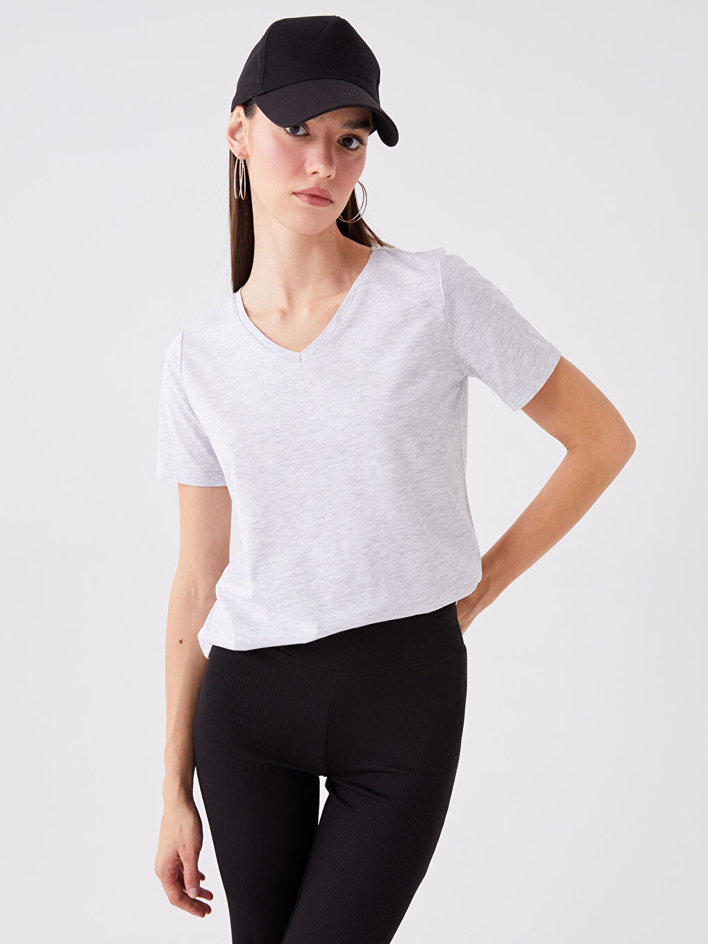 V-Neck Plain Short Sleeve Women's T-Shirt -S4CQ42Z8-DFL