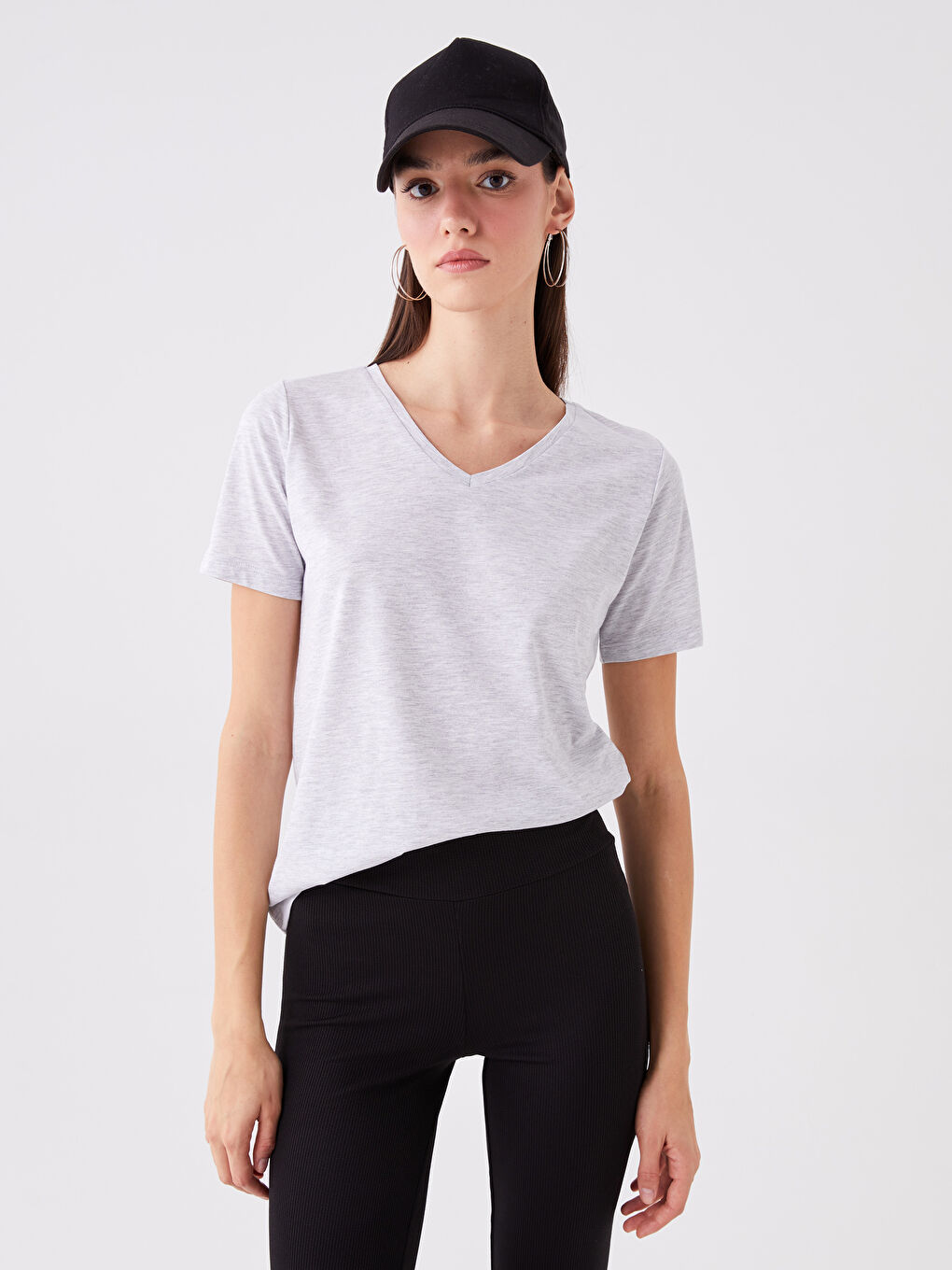 V-Neck Plain Short Sleeve Women's T-Shirt -S4CQ42Z8-DFL