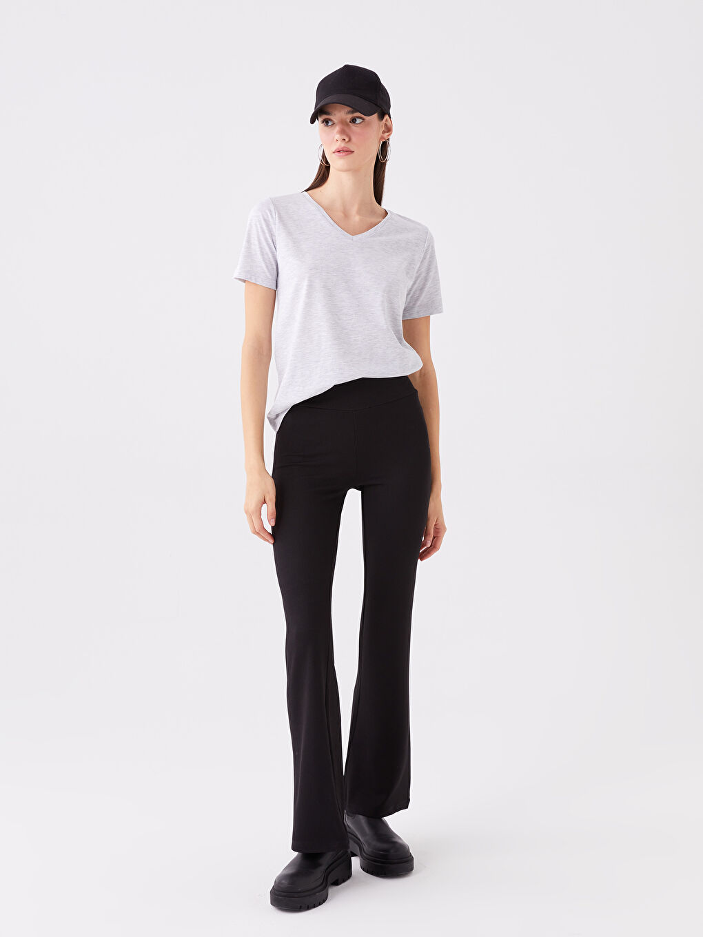 V-Neck Plain Short Sleeve Women's T-Shirt -S4CQ42Z8-DFL
