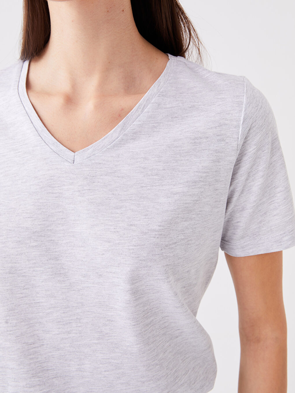 V-Neck Plain Short Sleeve Women's T-Shirt -S4CQ42Z8-DFL