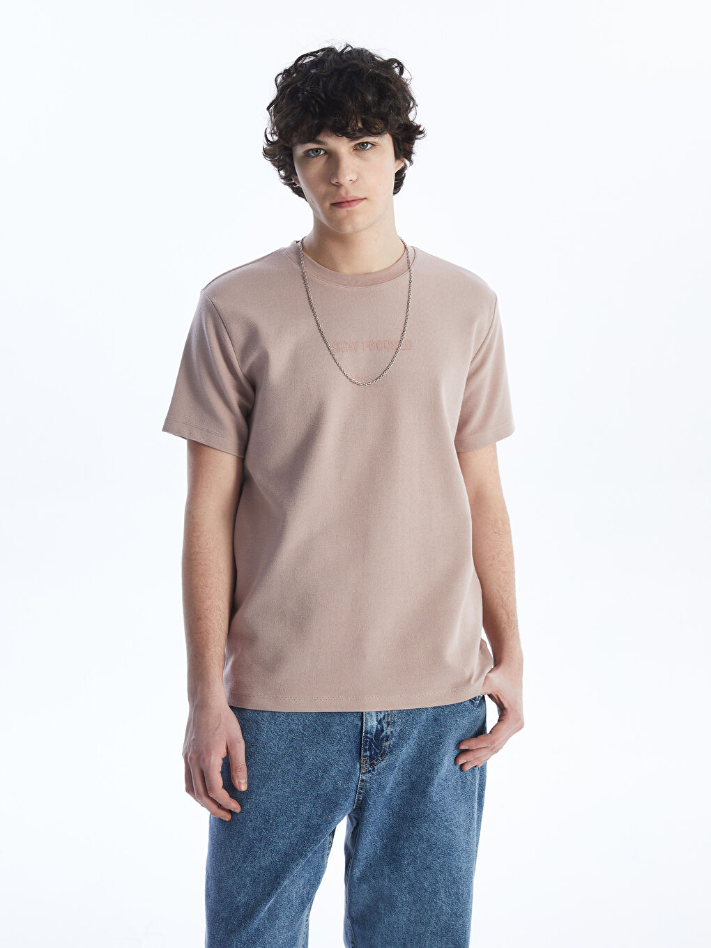 Pembe Bisiklet Yaka Kısa Kollu Baskılı Erkek Tişört