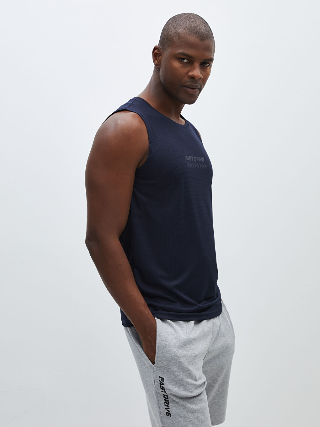 Lacivert Bisiklet Yaka Baskılı Penye Erkek Kolsuz Tişört