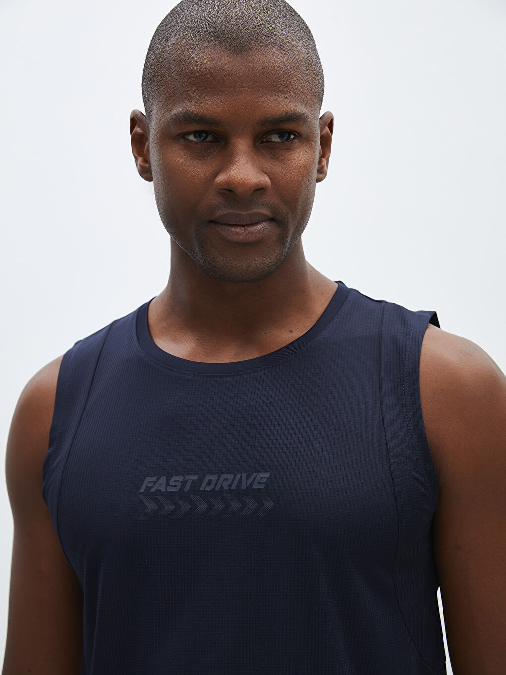 Lacivert Bisiklet Yaka Baskılı Penye Erkek Kolsuz Tişört-1