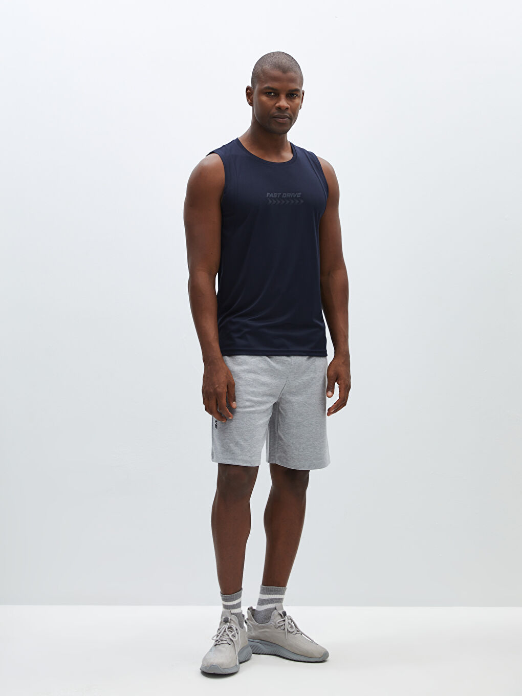 Lacivert Bisiklet Yaka Baskılı Penye Erkek Kolsuz Tişört-2