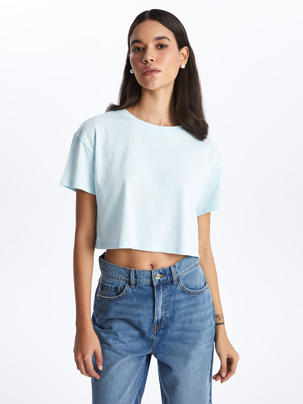 Crew Neck Plain Short Sleeve Women's Crop -S4CR62Z8-FUX