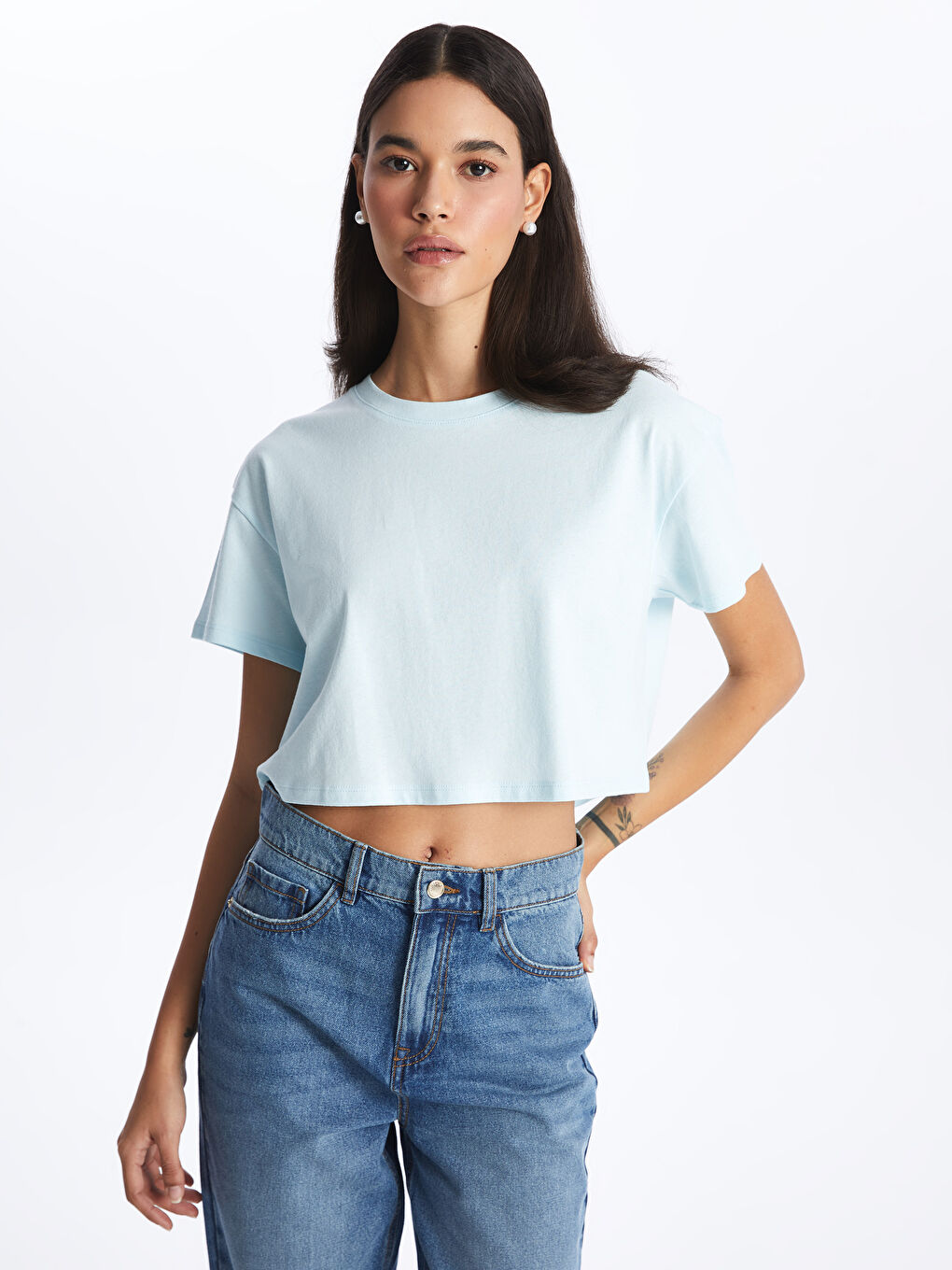 Crew Neck Plain Short Sleeve Women's Crop -S4CR62Z8-FUX