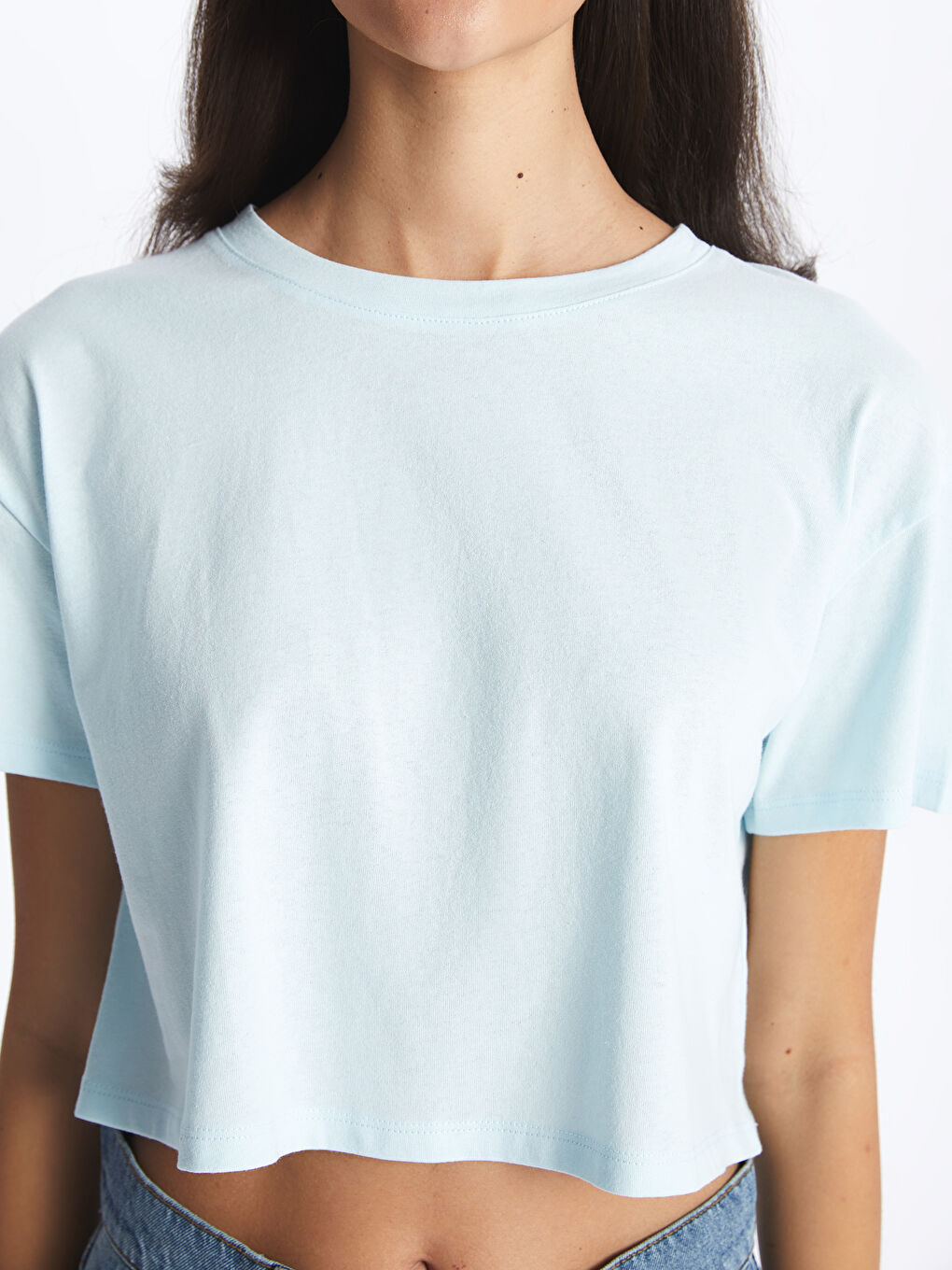 Crew Neck Plain Short Sleeve Women's Crop -S4CR62Z8-FUX