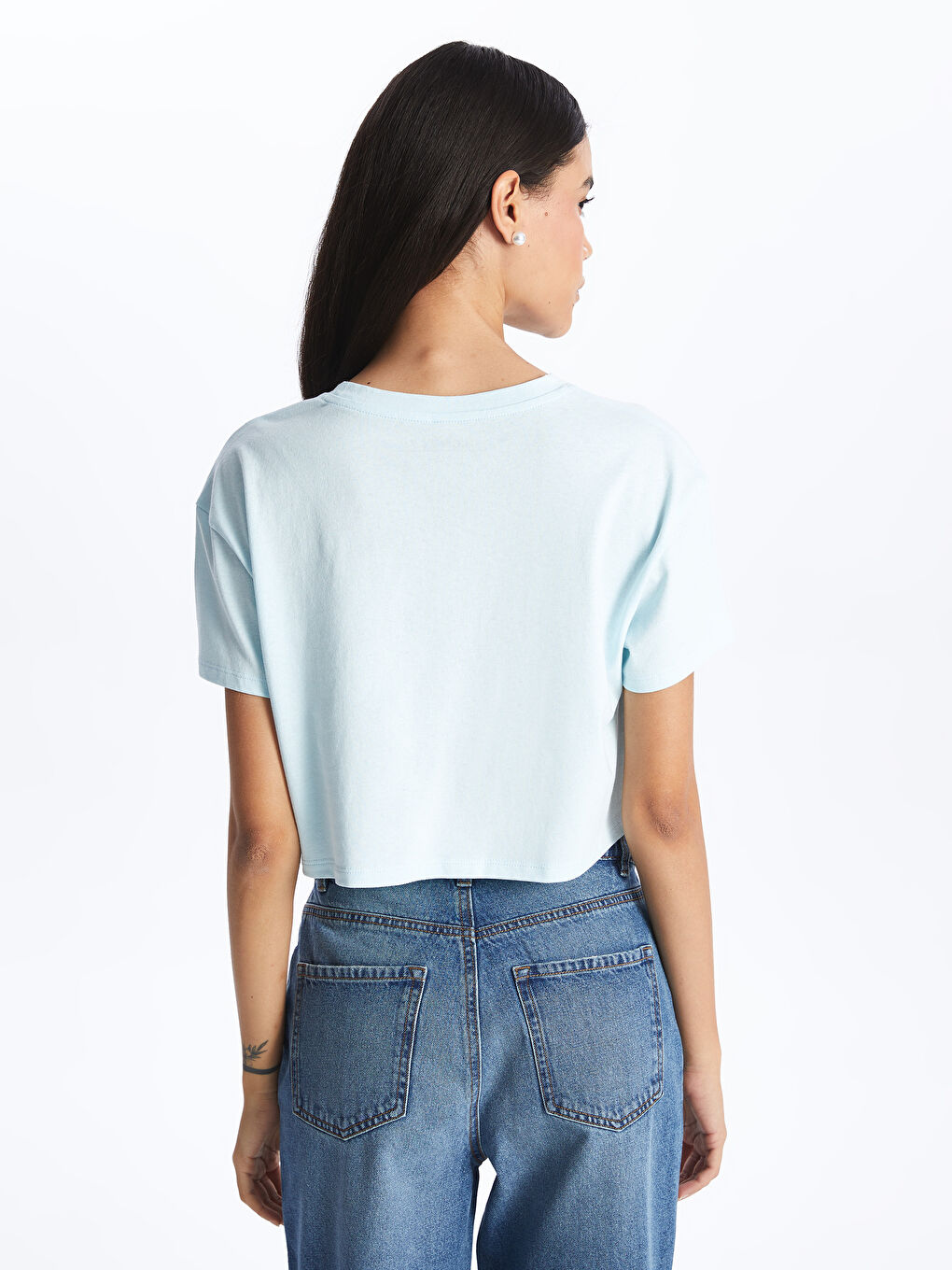 Crew Neck Plain Short Sleeve Women's Crop -S4CR62Z8-FUX