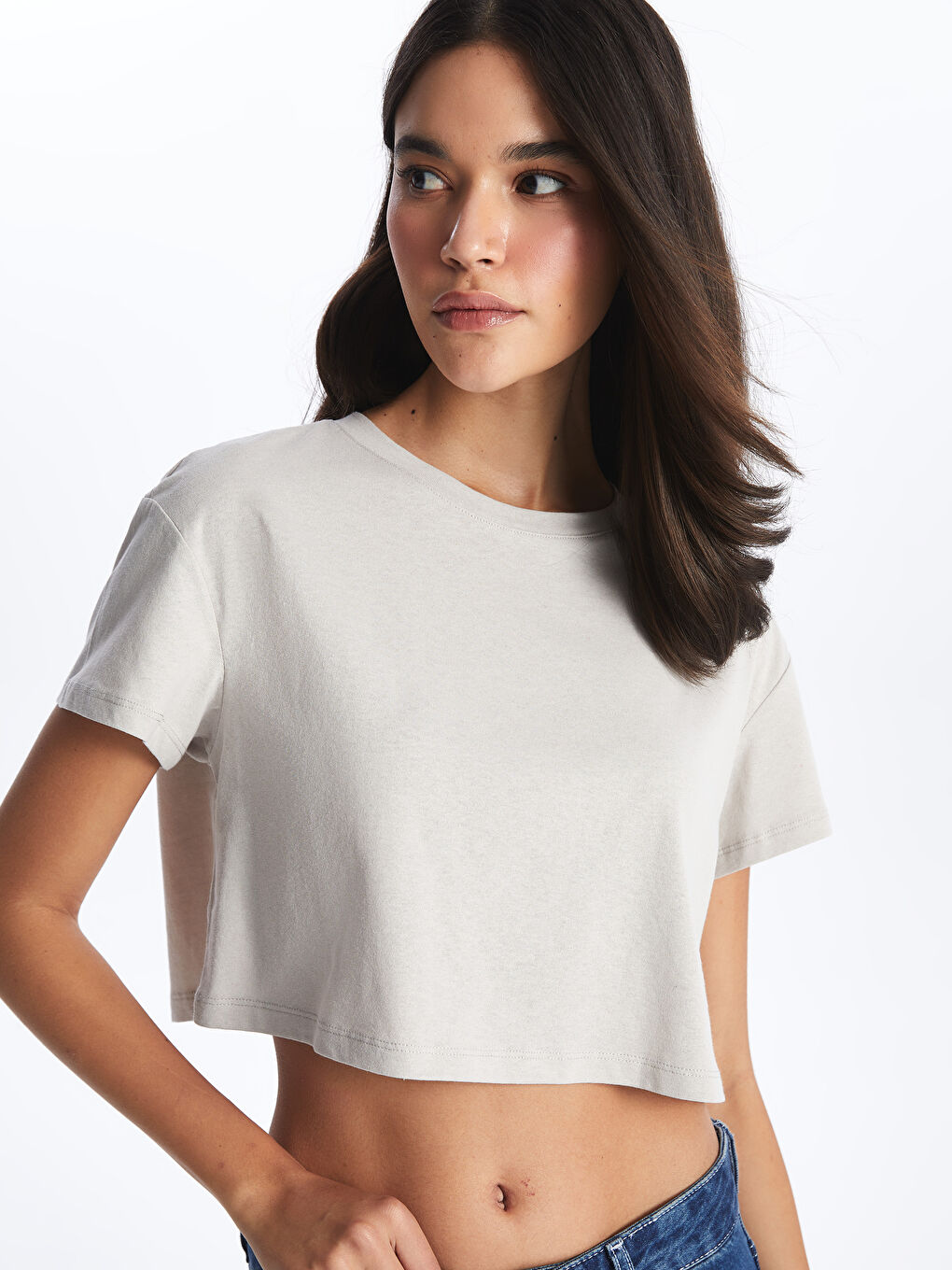 Crew Neck Plain Short Sleeve Women's Crop -S4CR62Z8-S8M
