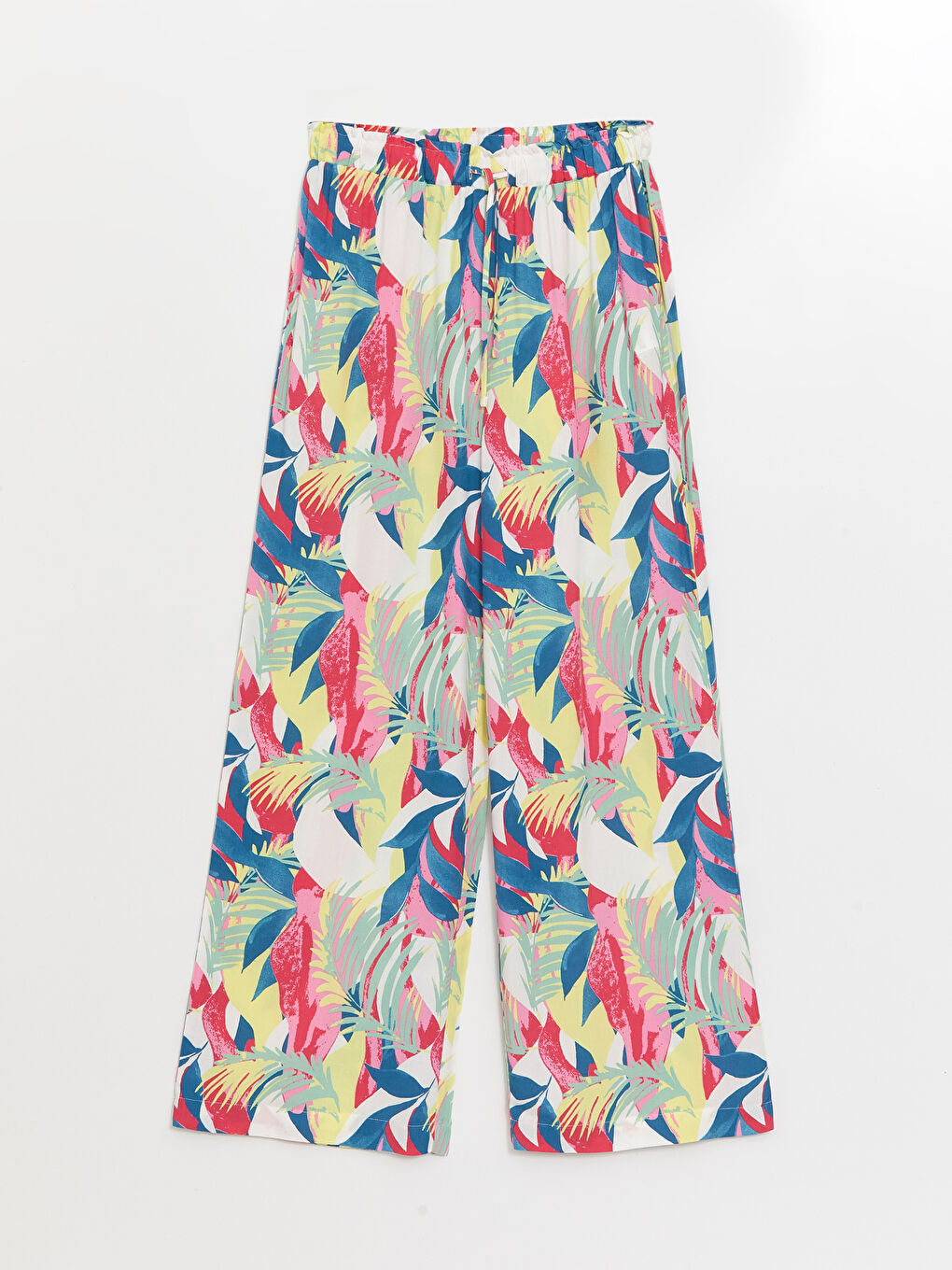 Pembe Beli Lastikli Çiçekli Kadın Plaj Pantolonu