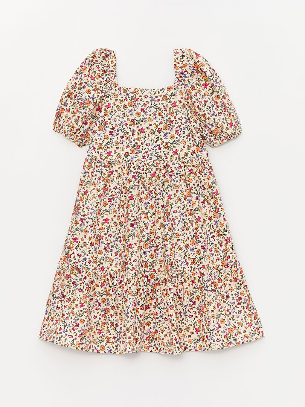 Karışık Kare Yaka Çiçekli Kısa Kollu Kız Çocuk Elbise-1