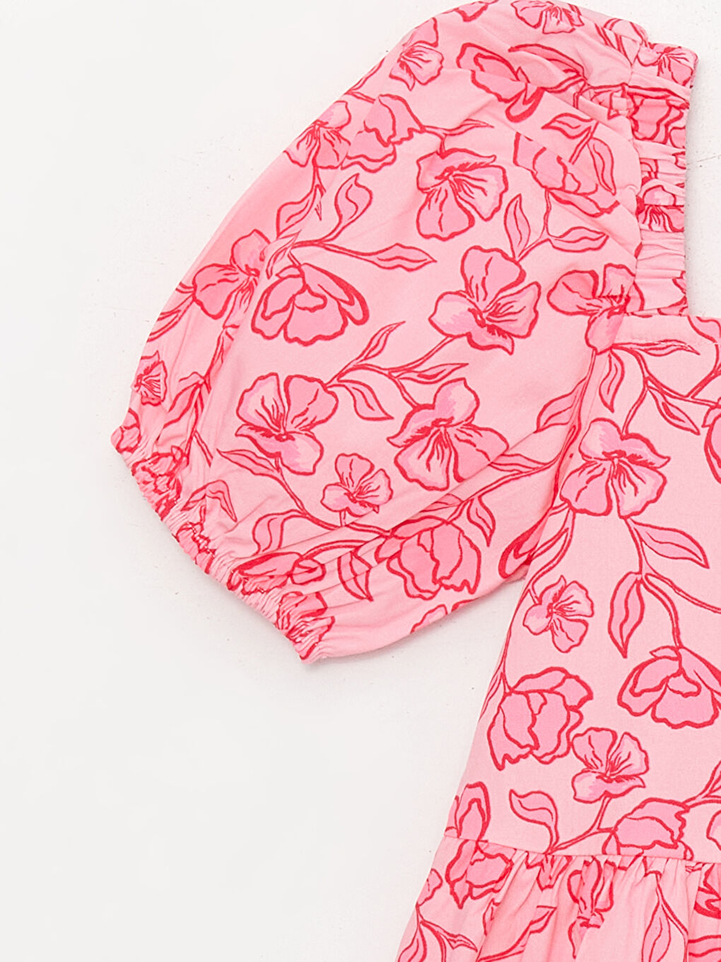 Pembe Kare Yaka Çiçekli Kısa Kollu Kız Çocuk Elbise-2