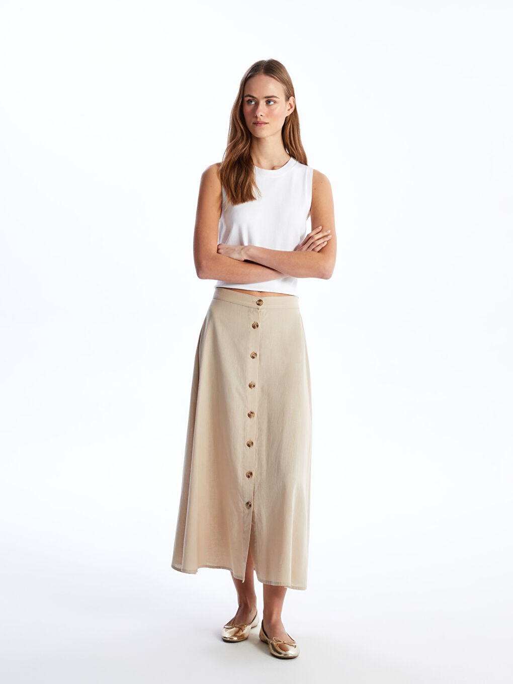 Elasticated Waist Plain Linen Blend Women's Skirt -S4CT96Z8-G5M