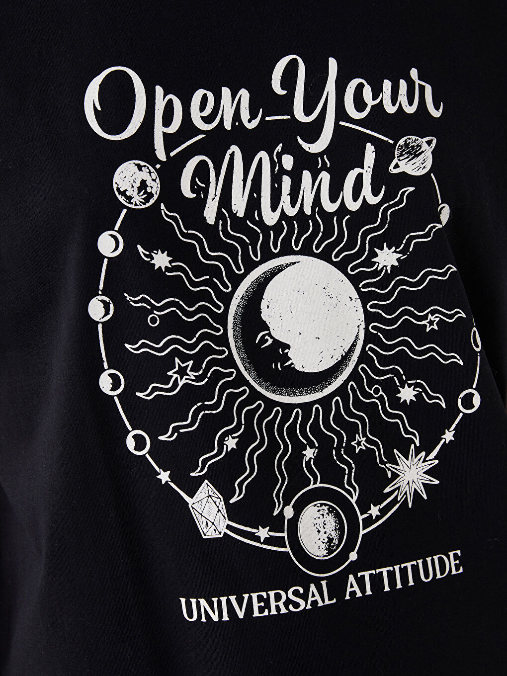 Siyah Bisiklet Yaka Baskılı Kısa Kollu Kadın Tişört-3