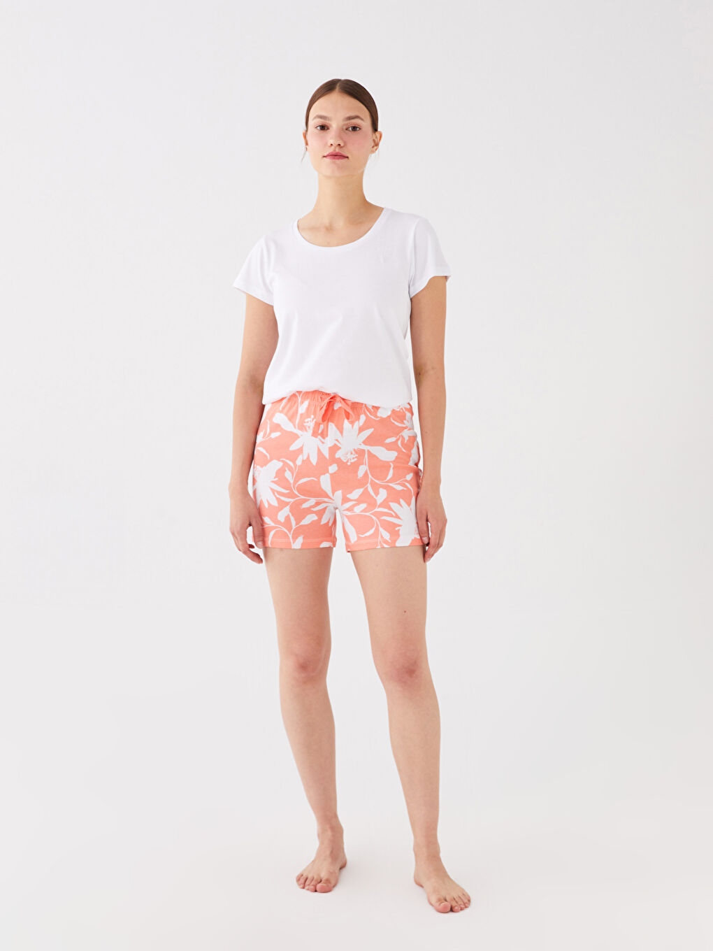 Mercan Bisiklet Yaka Desenli Kısa Kollu Kadın Şortlu Pijama Takımı-2