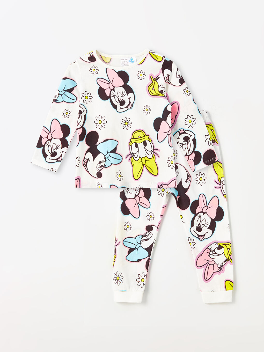 LCW baby Ekru Baskılı Bisiklet Yaka Uzun Kollu Minnie Mouse Baskılı Kız Bebek Pijama Takımı