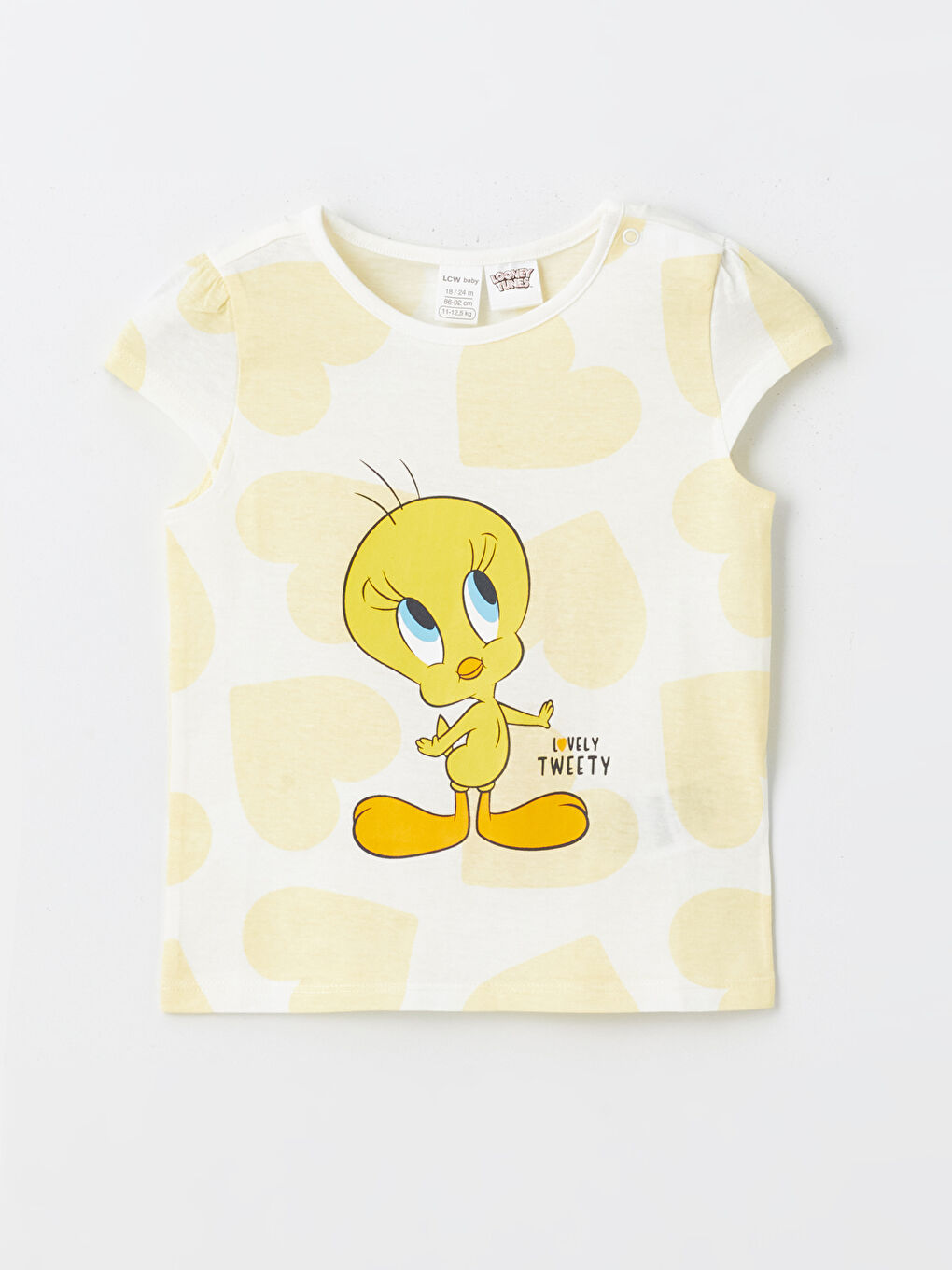 LCW baby Ekru Baskılı Bisiklet Yaka Kısa Kollu Tweety Baskılı Kız Bebek Pijama Üst