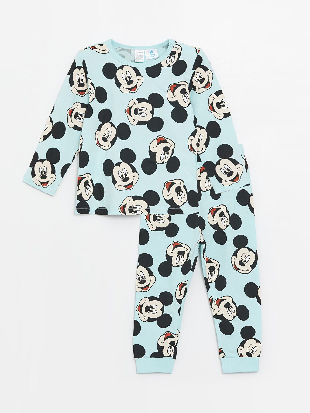 LCW baby Açık Mavi Baskılı Bisiklet Yaka Uzun Kollu Mickey Mouse Baskılı Erkek Bebek Pijama Takımı