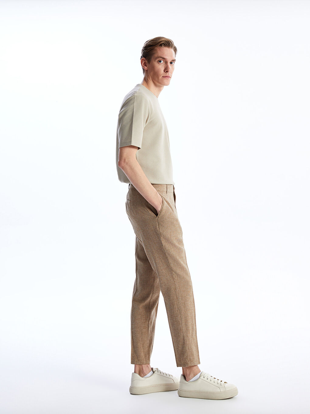 Kahverengi Slim Fit Keten Karışımlı Erkek Pantolon