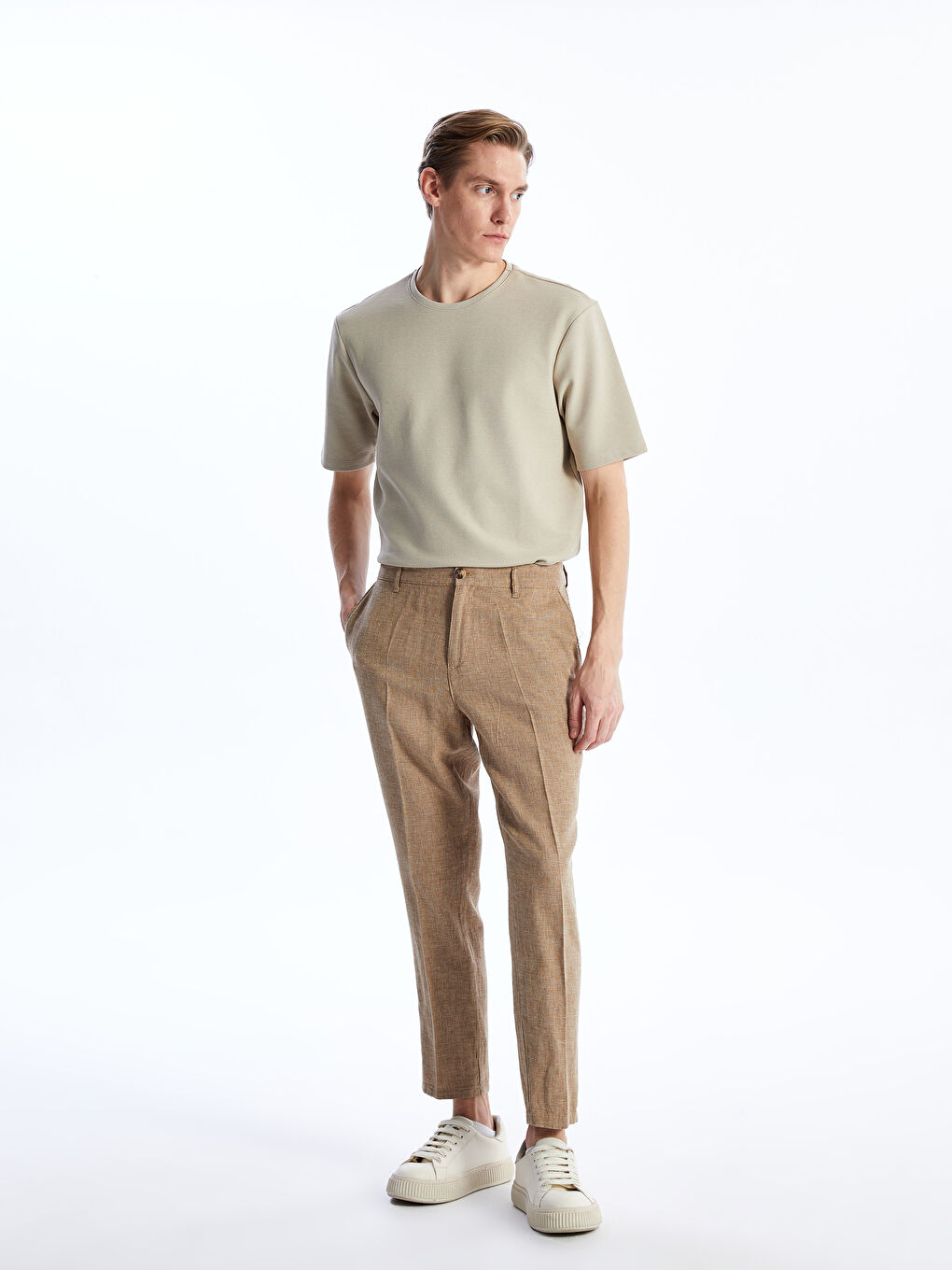 Kahverengi Slim Fit Keten Karışımlı Erkek Pantolon-1
