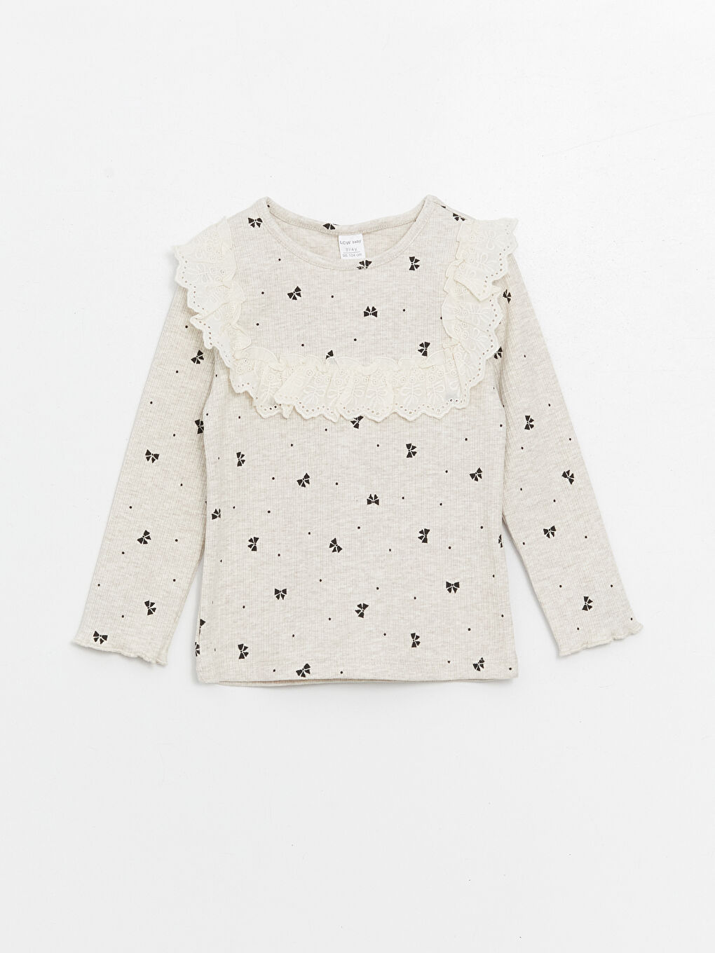 Bej Bisiklet Yaka Kurdele Detaylı Kız Çocuk Tişört