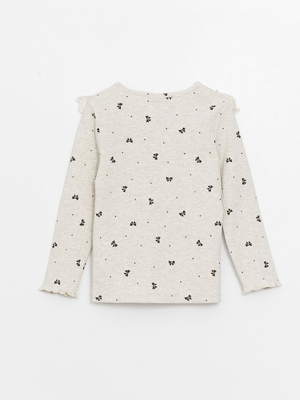 Bej Bisiklet Yaka Kurdele Detaylı Kız Çocuk Tişört-1