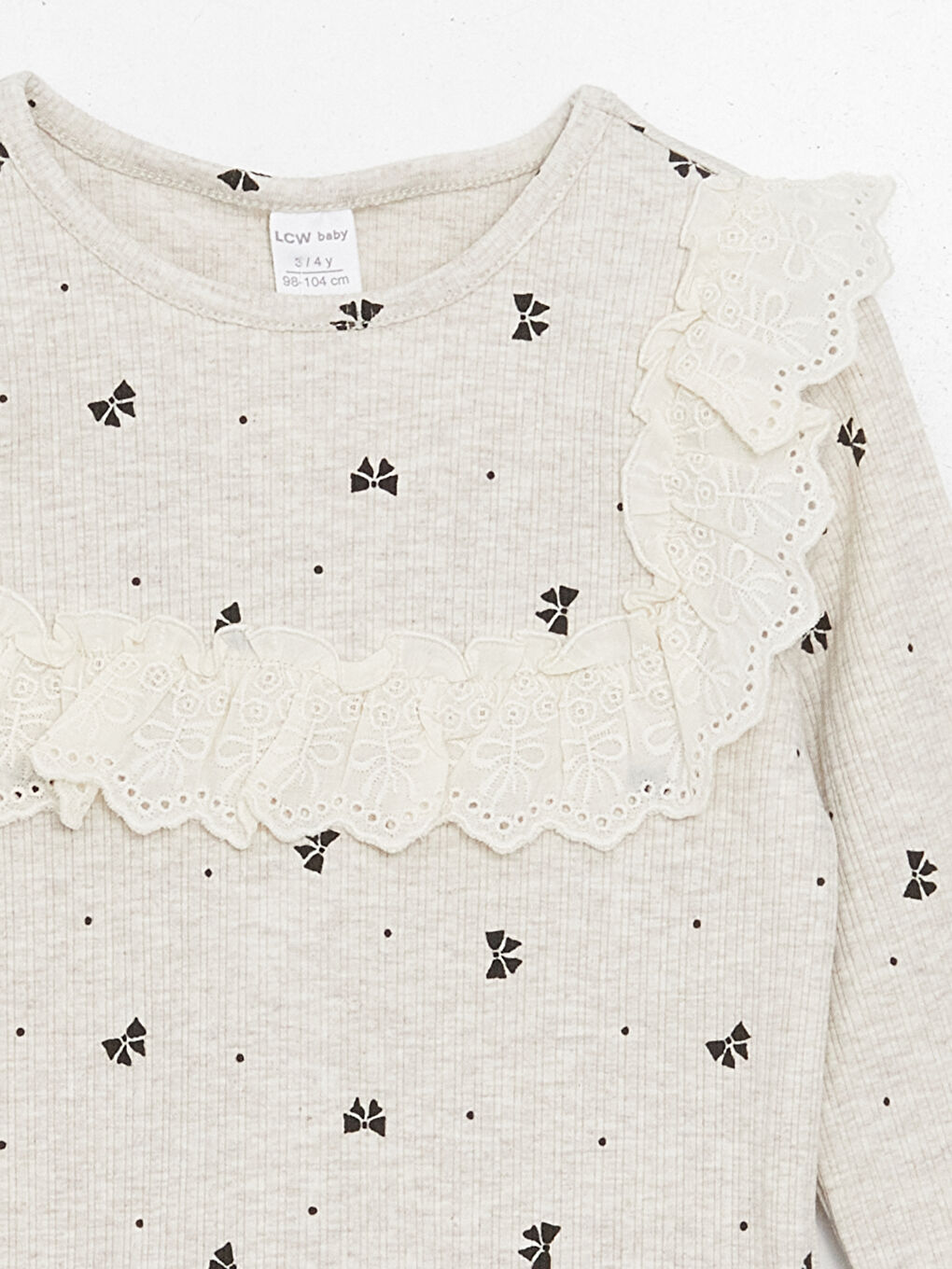 Bej Bisiklet Yaka Kurdele Detaylı Kız Çocuk Tişört-2