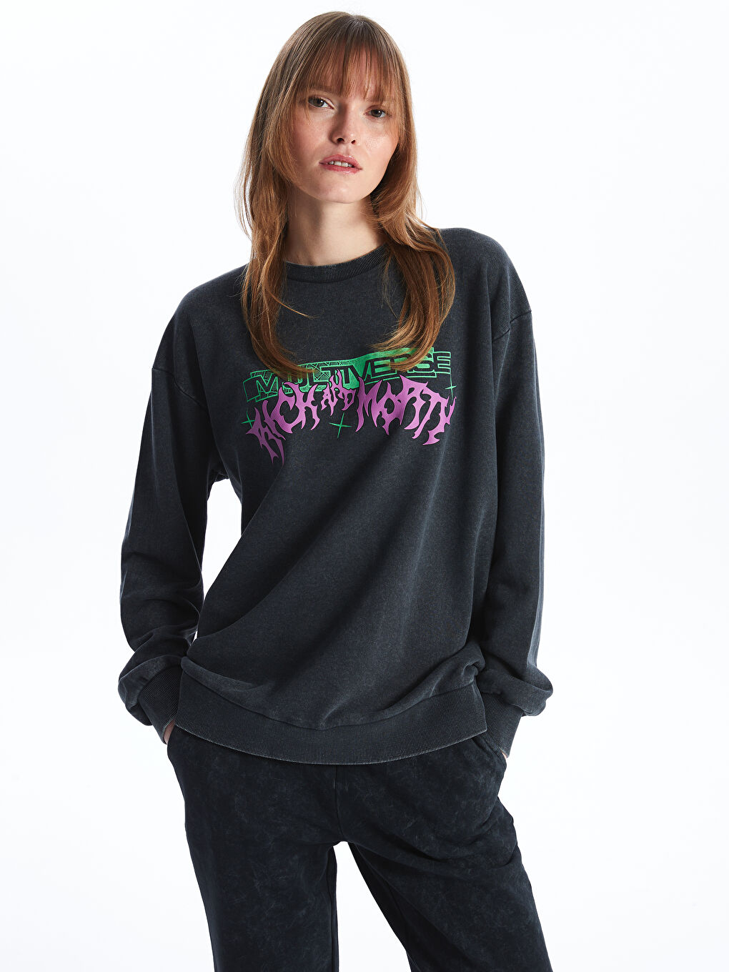 XSIDE Antrasit Bisiklet Yaka Rick and Morty Baskılı Uzun Kollu Oversize Kadın Sweatshirt - 1