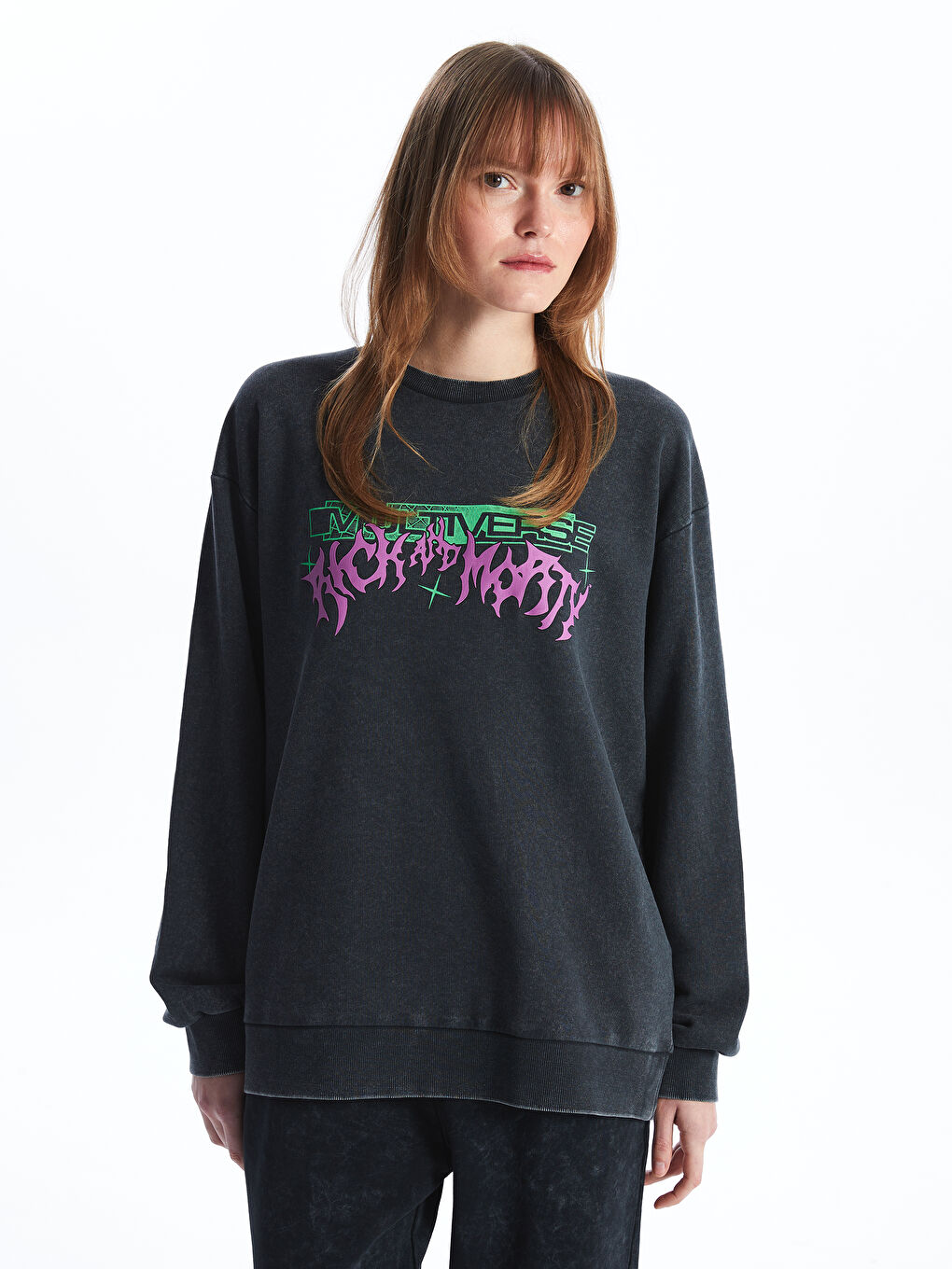 XSIDE Antrasit Bisiklet Yaka Rick and Morty Baskılı Uzun Kollu Oversize Kadın Sweatshirt - 2