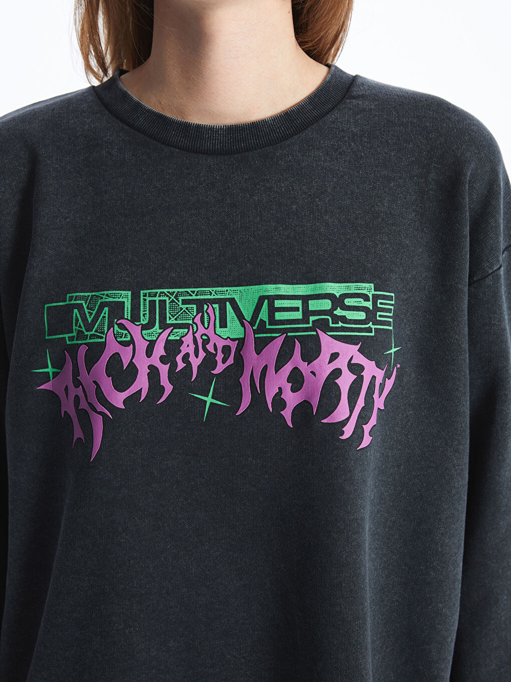 XSIDE Antrasit Bisiklet Yaka Rick and Morty Baskılı Uzun Kollu Oversize Kadın Sweatshirt - 4