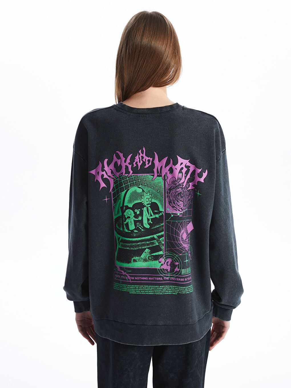 XSIDE Antrasit Bisiklet Yaka Rick and Morty Baskılı Uzun Kollu Oversize Kadın Sweatshirt - 5