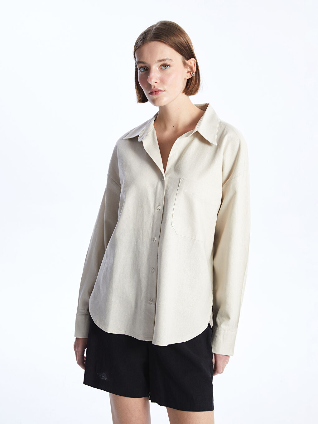 Plain Long Sleeve Oversize Linen Blend Women's Shirt -S4DC07Z8-Y5J