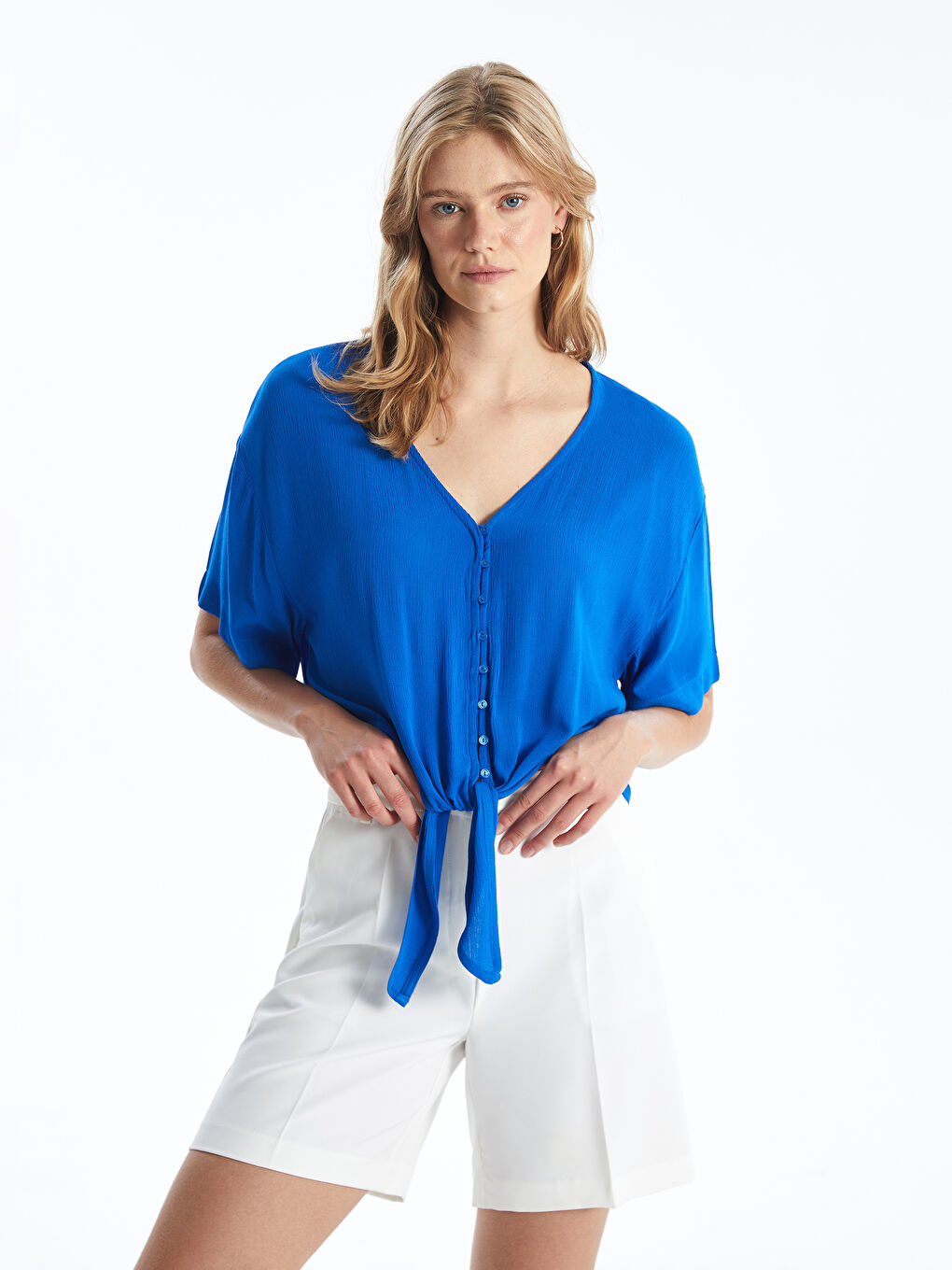 V Neck Plain Short Sleeve Linen-Look Women's Blouse -S4DC19Z8-VZA