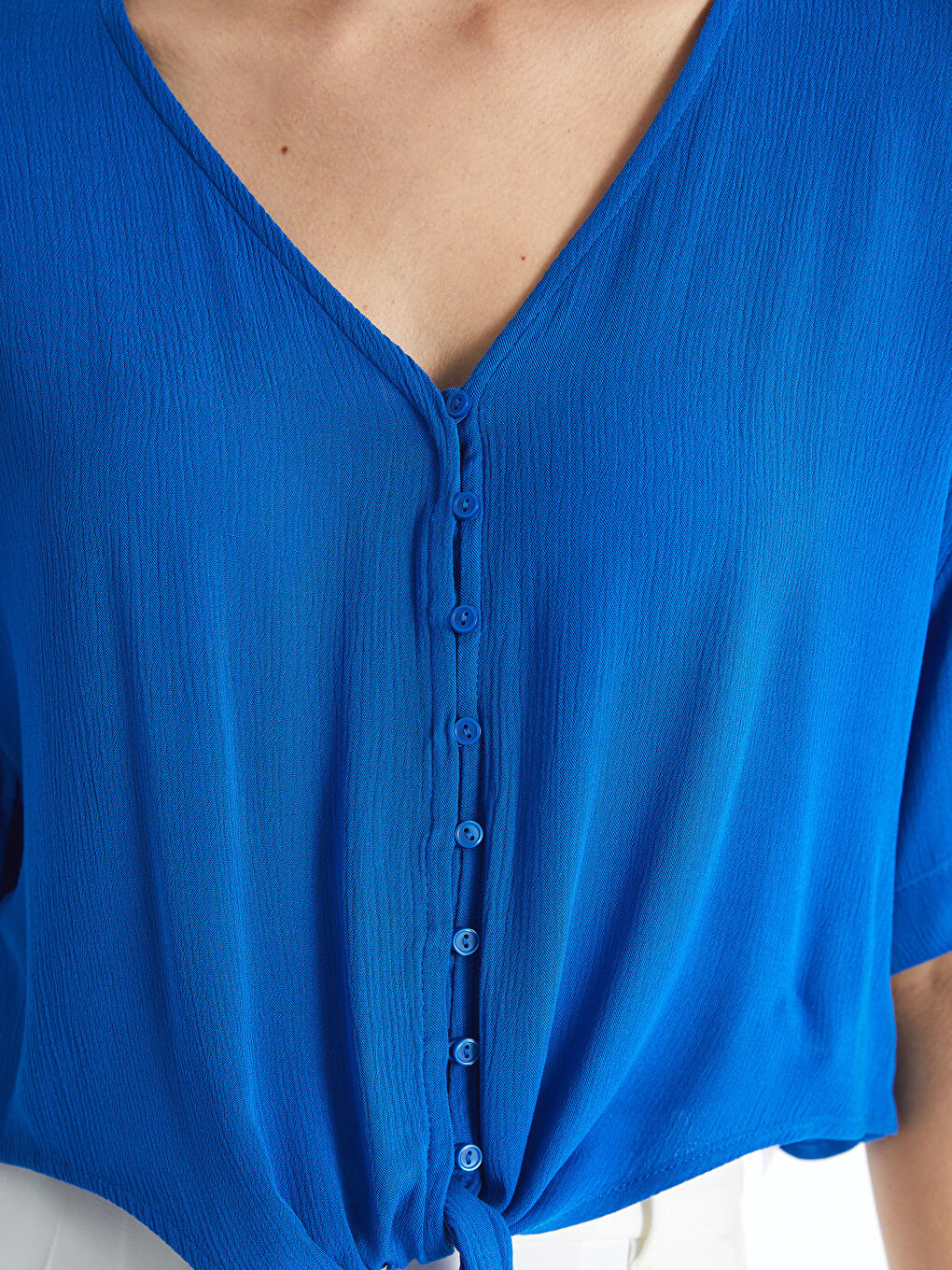 V Neck Plain Short Sleeve Linen-Look Women's Blouse -S4DC19Z8-VZA