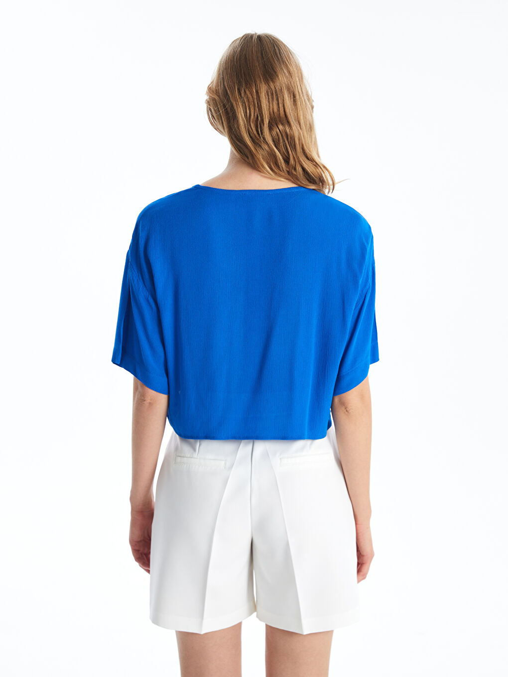 V Neck Plain Short Sleeve Linen-Look Women's Blouse -S4DC19Z8-VZA