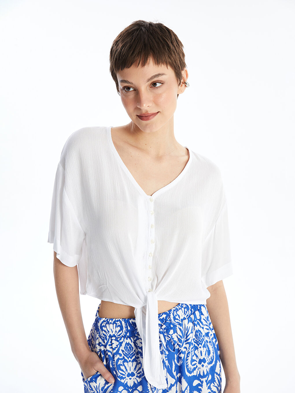 V Neck Plain Short Sleeve Linen-Look Women's Blouse -S4DC19Z8-R9J