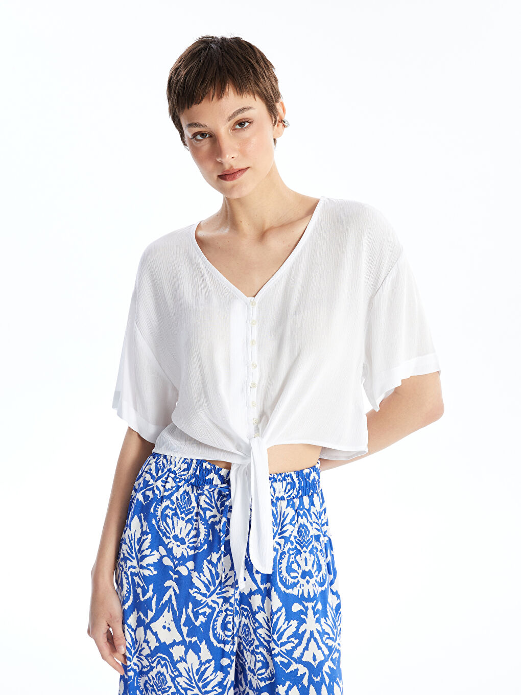 V Neck Plain Short Sleeve Linen-Look Women's Blouse -S4DC19Z8-R9J