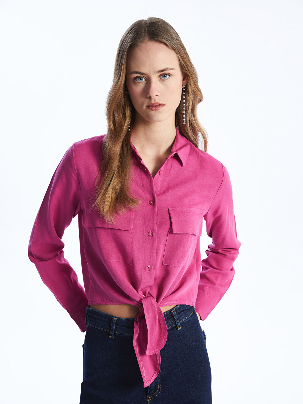 Mor Düz Uzun Kollu Keten Karışımlı Kadın Crop Gömlek