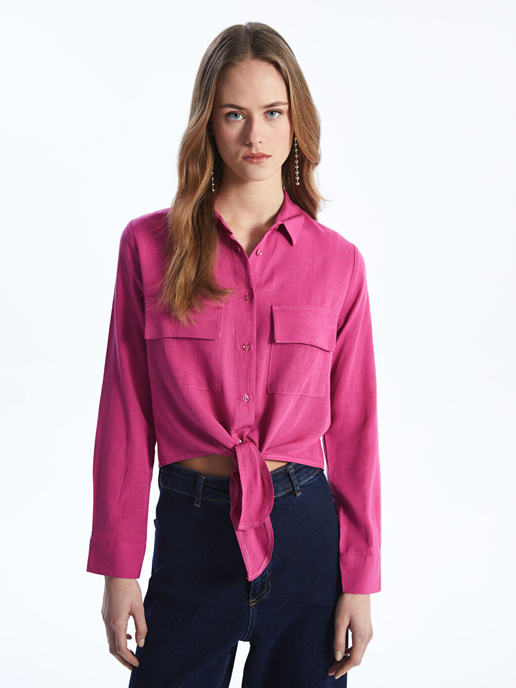 Mor Düz Uzun Kollu Keten Karışımlı Kadın Crop Gömlek-1