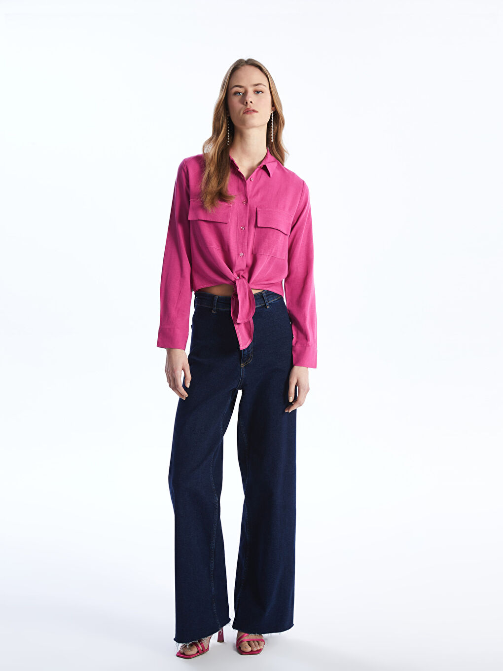 Mor Düz Uzun Kollu Keten Karışımlı Kadın Crop Gömlek-2