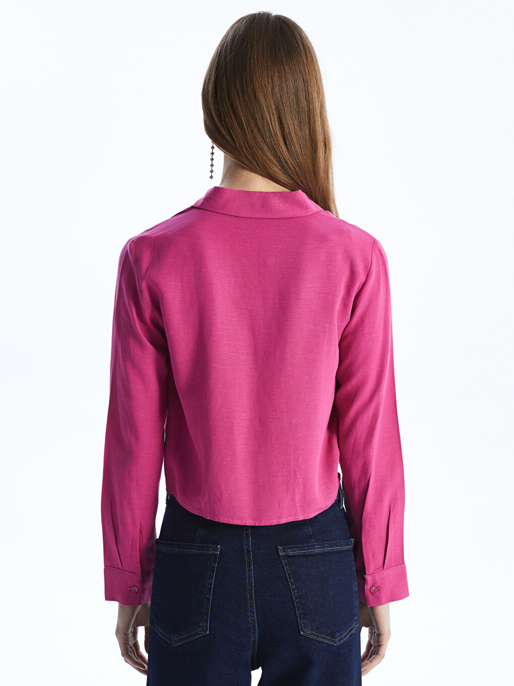 Mor Düz Uzun Kollu Keten Karışımlı Kadın Crop Gömlek-4