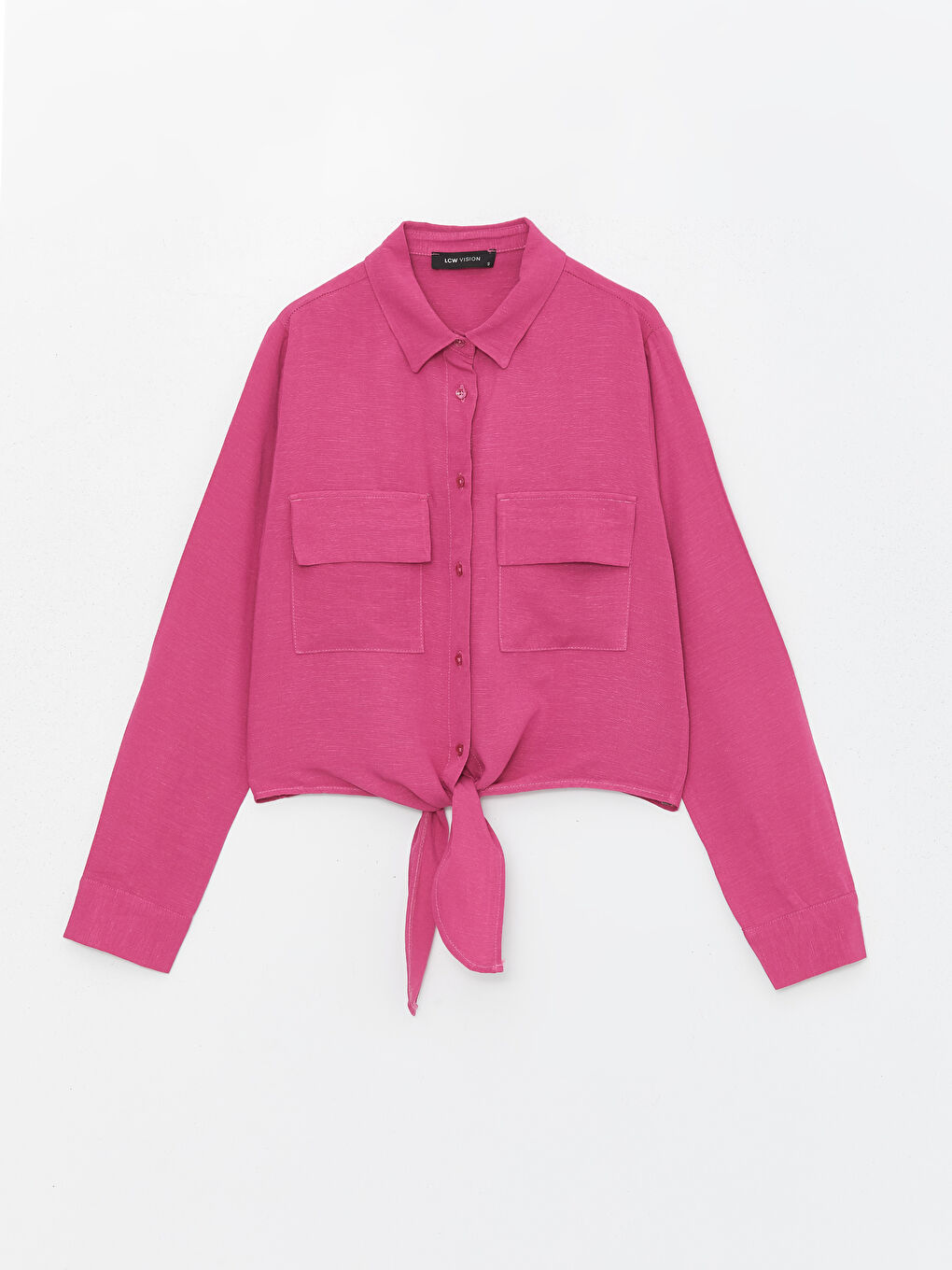 Mor Düz Uzun Kollu Keten Karışımlı Kadın Crop Gömlek-5