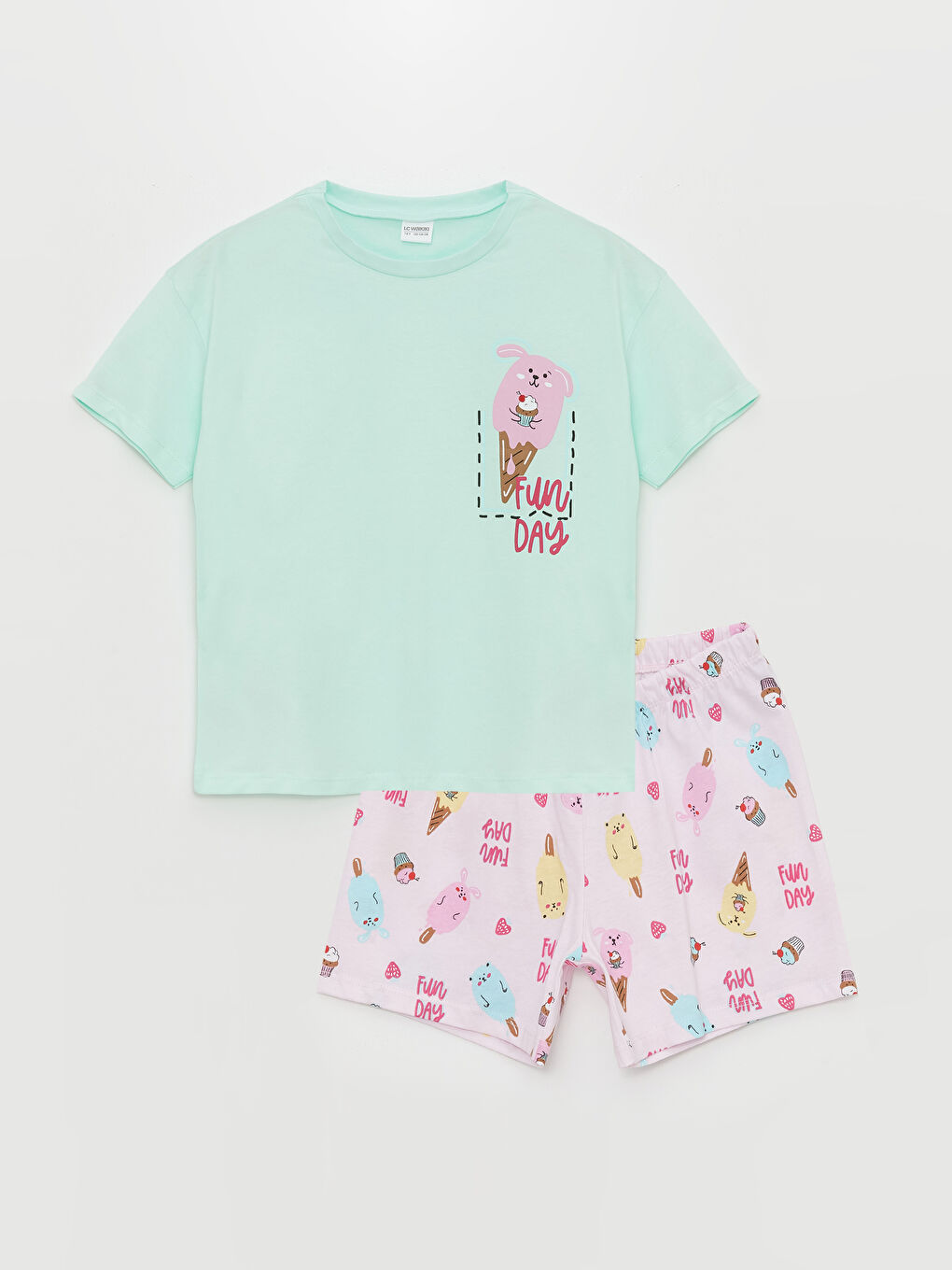 LCW Kids Açık Suyeşili Bisiklet Yaka Baskılı Kısa Kollu Kız Çocuk Şortlu Pijama Takımı