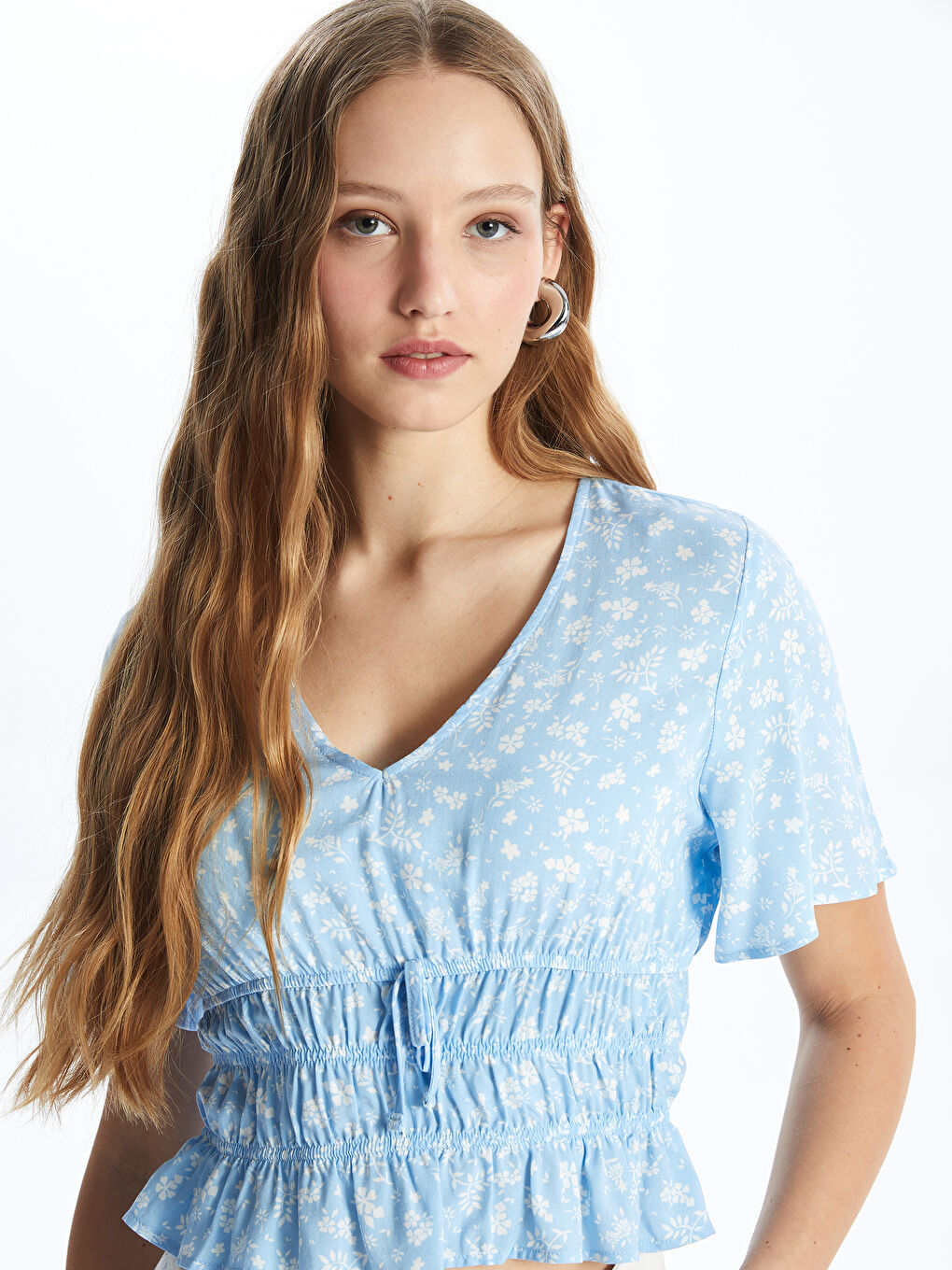 V-Neck Patterned Short Sleeve Women's Blouse -S4DC69Z8-LQQ