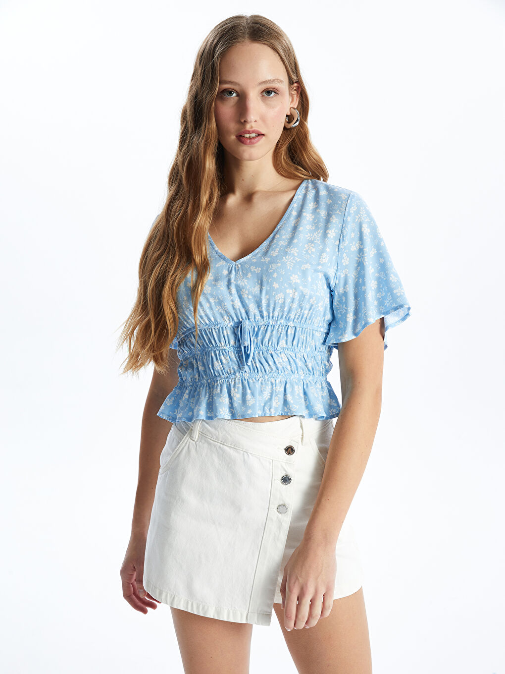 V-Neck Patterned Short Sleeve Women's Blouse -S4DC69Z8-LQQ